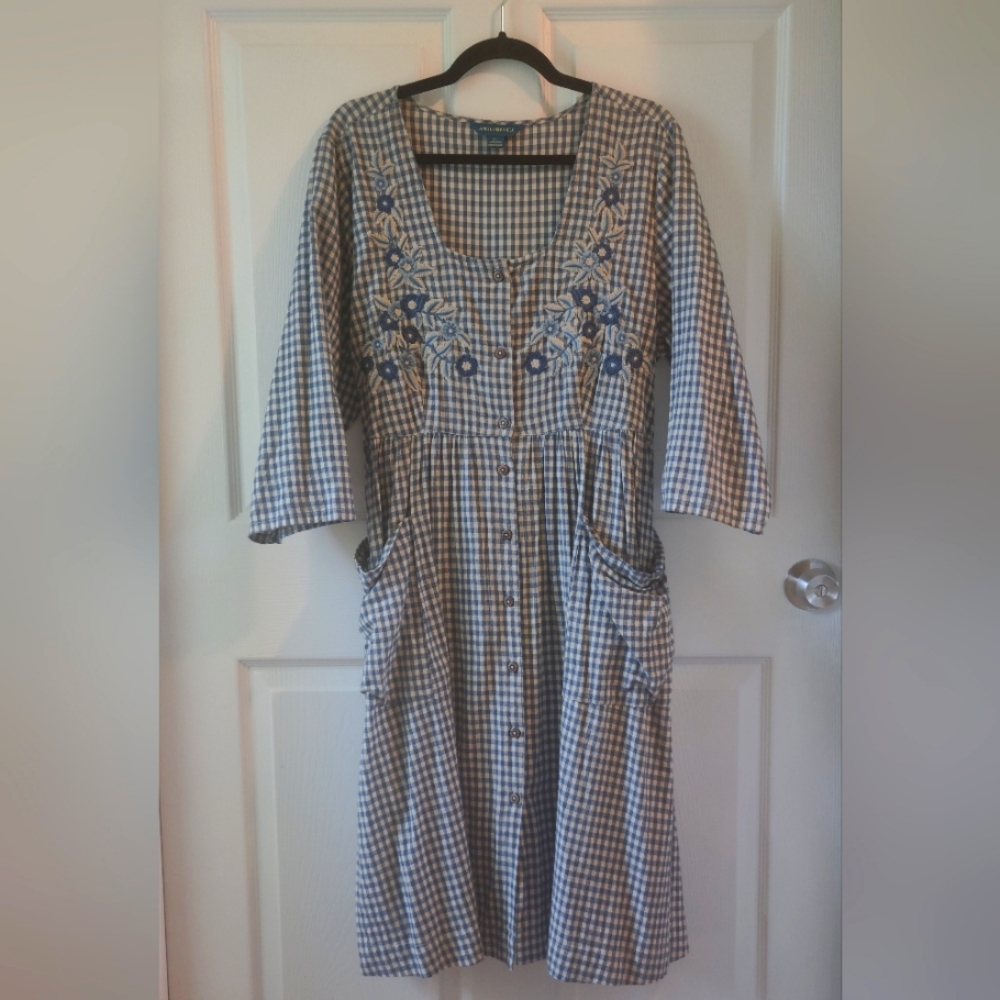 April Cornell Midi Dress Size XL, Blue Gingham Check with Floral Embroidery